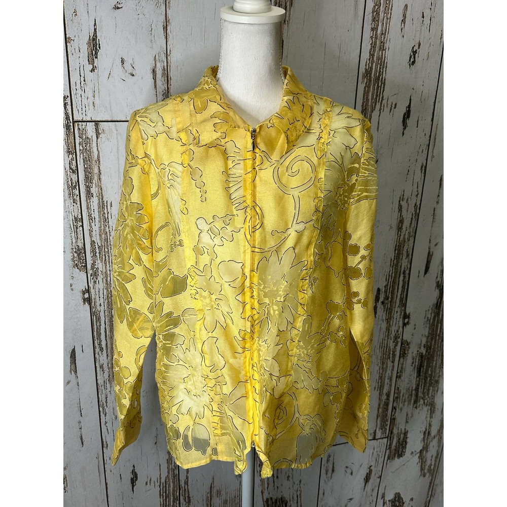 Susan Graver Yellow Floral Zip-Up Blouse